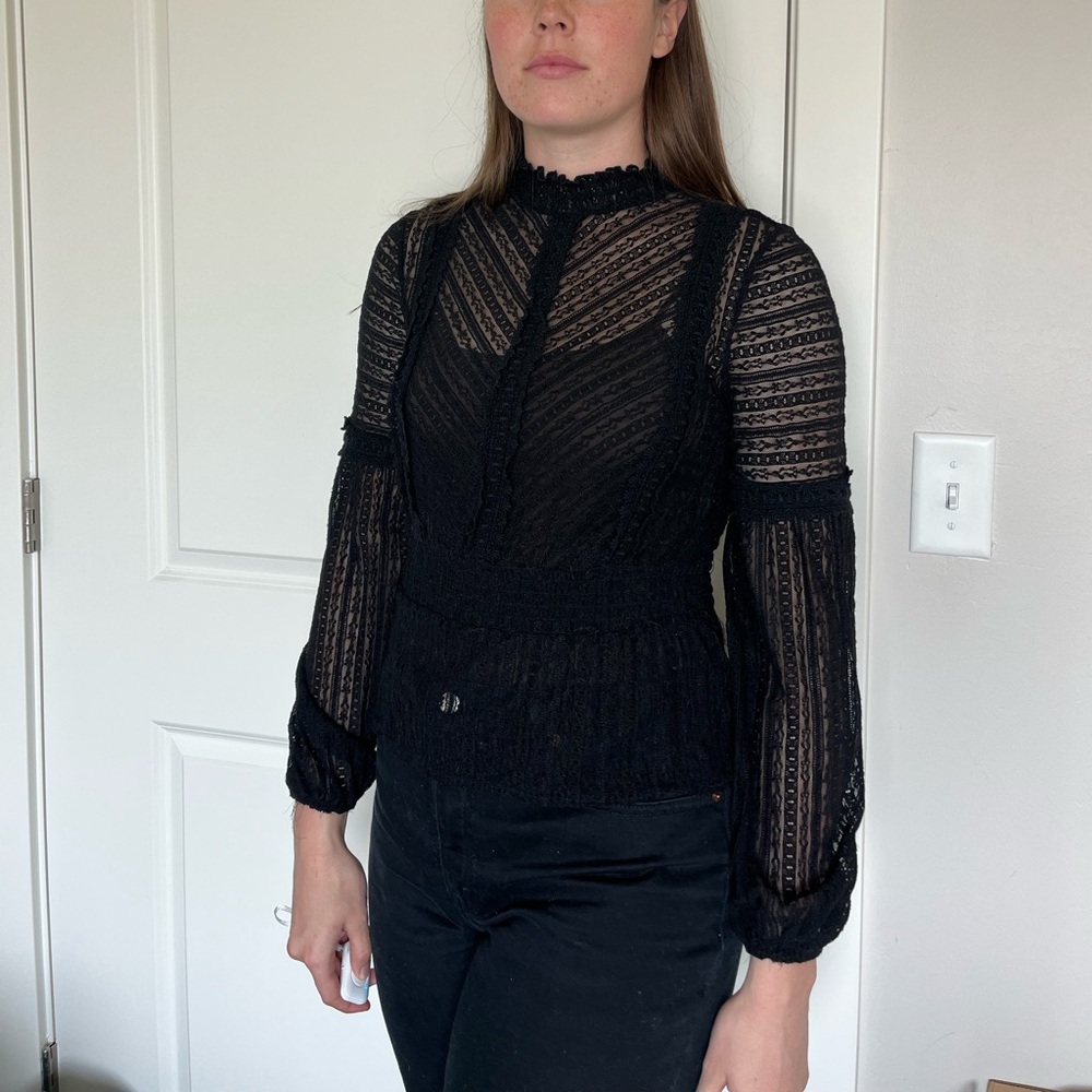 Black Lace Peplum Long-Sleeve Women's Top